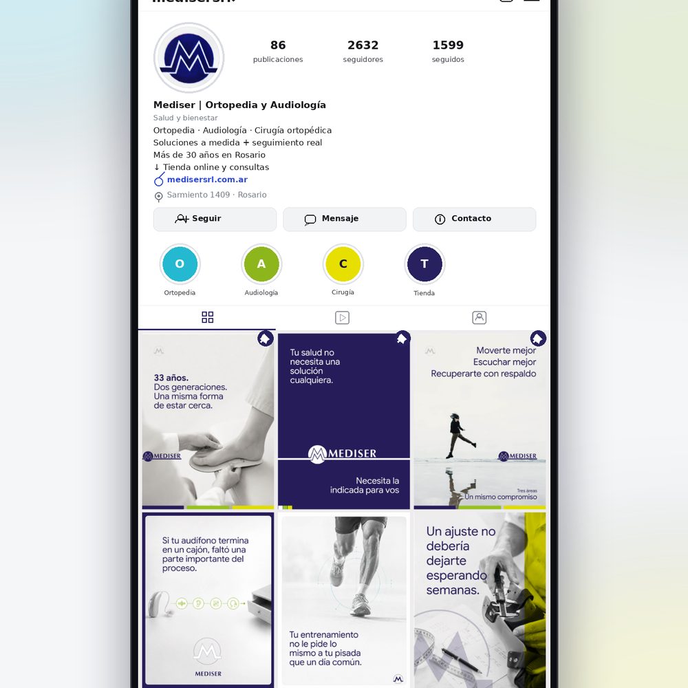 Feed de Instagram de Mediser con la marca aplicada